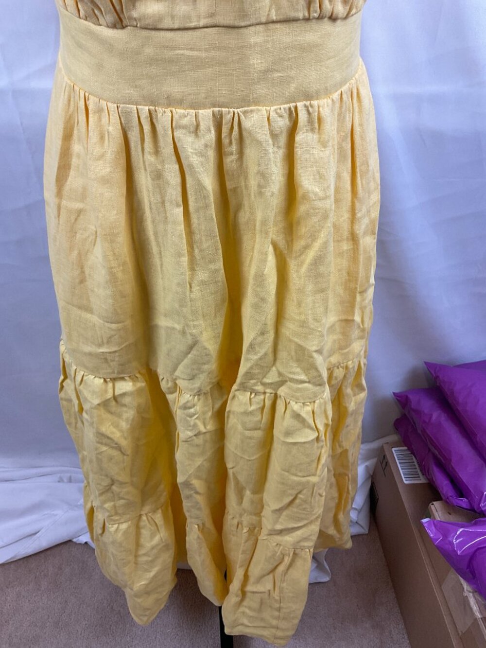 Boden Anne Linen Tiered Midi Dress US 4R Yellow Short Puff Sleeve V-Neck - Picture 4 of 10